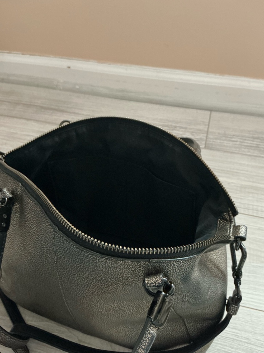 Coach Metallic Gunmetal Pebbled Leather Satchel with Strap - Picture 9 of 10